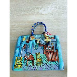 Anca Barbu Satchel Blue Extra Large Painting Leather Bag Handbag Room Bed New